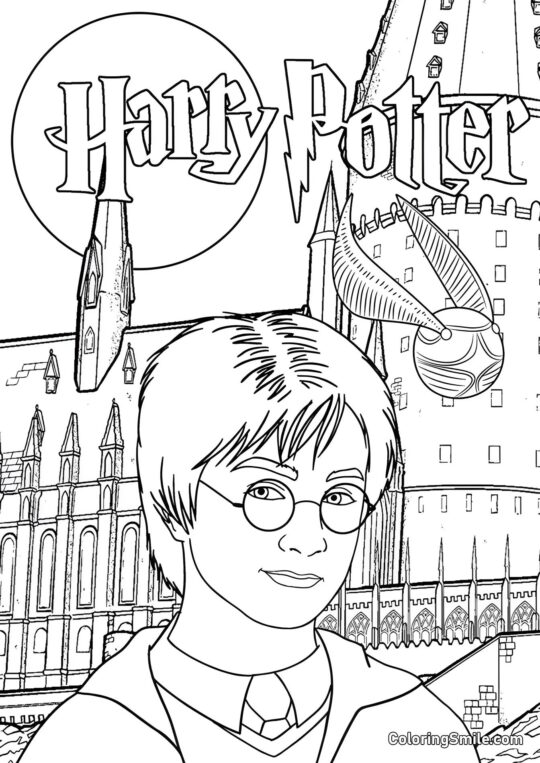 Harry Potter contra el fondo del castillo Harry Potter contra el fondo del castillo - Página para Colorear