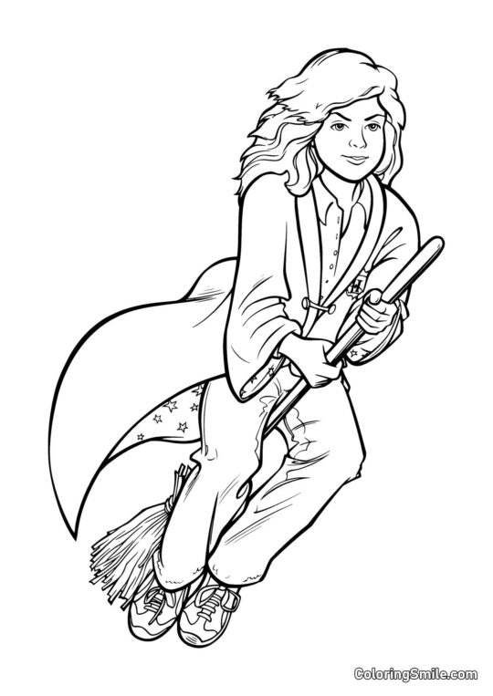 Hermione de dibujos animados en una escoba Hermione de dibujos animados en una escoba - Página para Colorear
