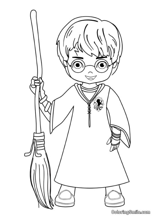 Harry Potter de dibujos animados con una escoba Harry Potter de dibujos animados con una escoba - Página para Colorear