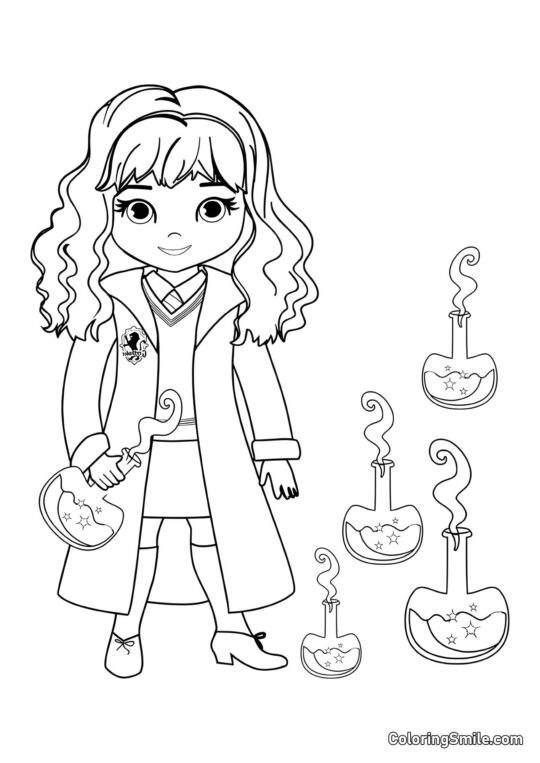 Hermione de dibujos animados con pociones mágicas Hermione de dibujos animados con pociones mágicas - Página para Colorear