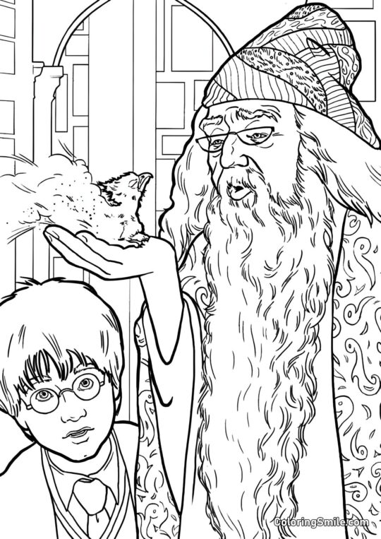Dumbledore mostrando a Harry el fénix Dumbledore mostrando a Harry el fénix - Página para Colorear