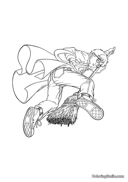 Harry de dibujos animados en una escoba Harry de dibujos animados en una escoba - Página para Colorear