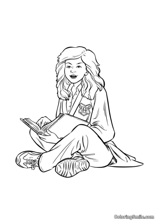 Hermione de dibujos animados leyendo un libro Hermione de dibujos animados leyendo un libro - Página para Colorear