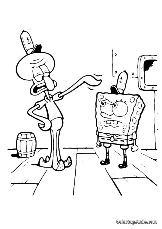 Bob Esponja limpiando el suelo - Página para Colorear