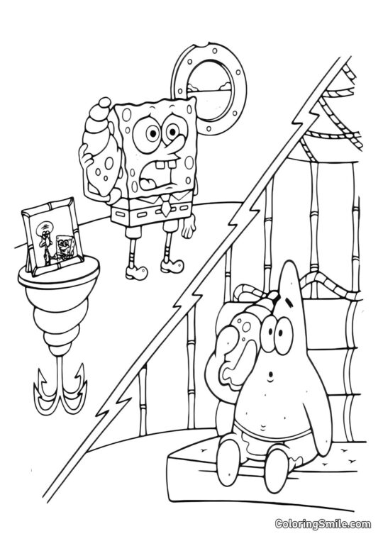 Bob Esponja y Patricio saludando a Calamardo - Página para Colorear