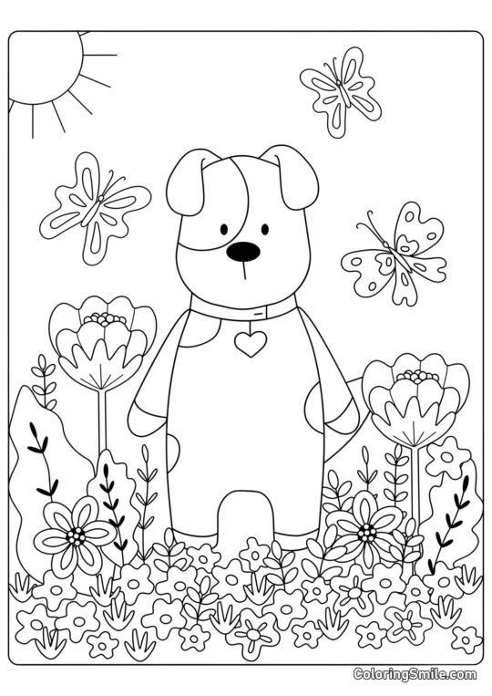 Perro de cuento de hadas con flores - Página para Colorear
