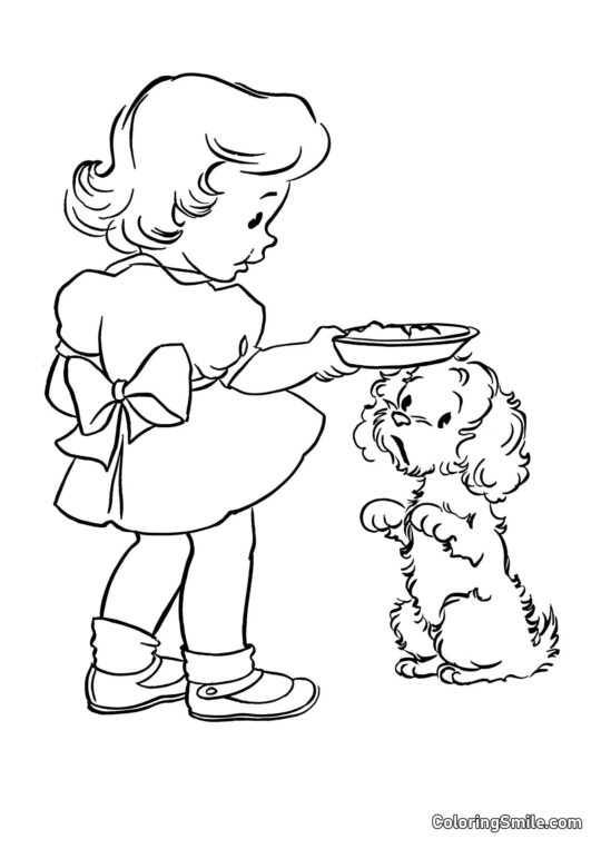 Chica alimentando al perro - Página para Colorear
