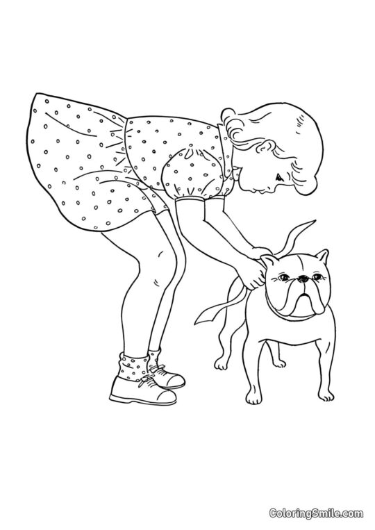 Chica y bulldog - Página para Colorear