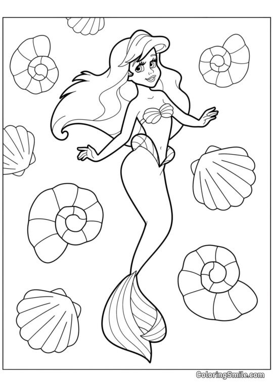 Ariel Sirena y Conchas Ariel Sirena y Conchas - Página para Colorear