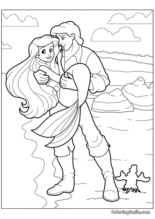 Ariel en los Brazos del Príncipe Ariel en los Brazos del Príncipe - Página para Colorear