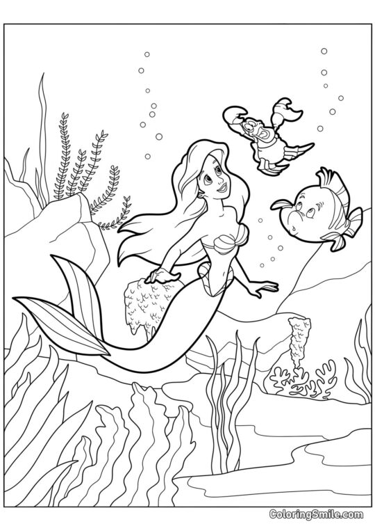 Sirena con Cangrejo y Pescado Sirena con Cangrejo y Pescado - Página para Colorear