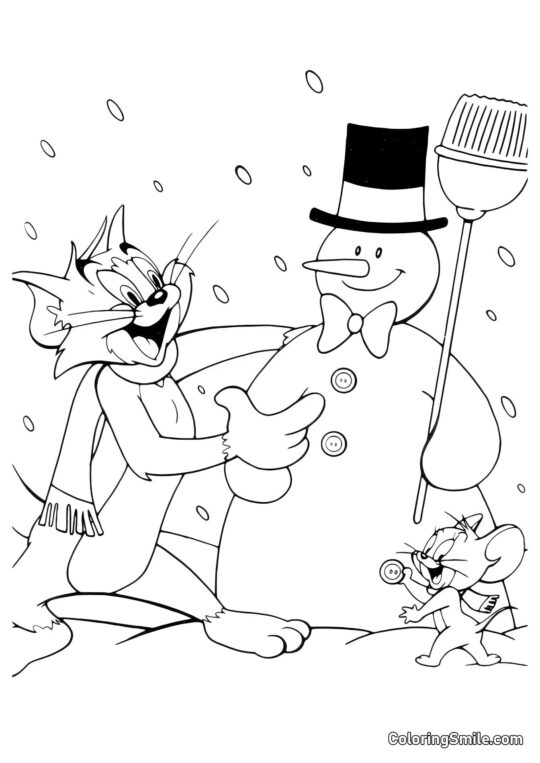 Tom y Jerry Hicieron un Muñeco de Nieve Tom y Jerry Hicieron un Muñeco de Nieve - Página para Colorear