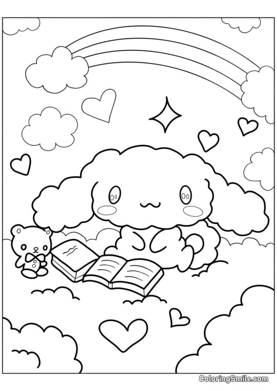 Cinnamoroll de Peluche con un Libro - Página para Colorear
