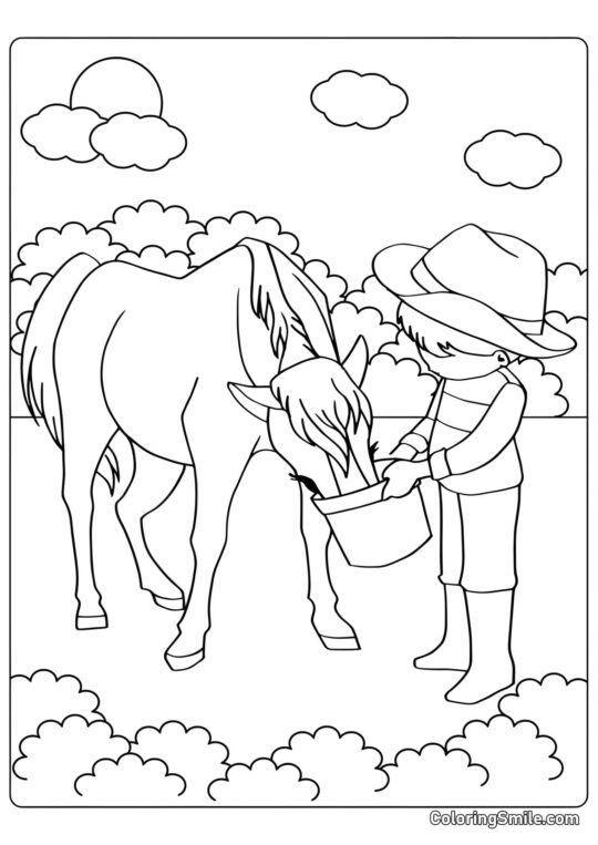 Niño alimentando un caballo - Página para Colorear
