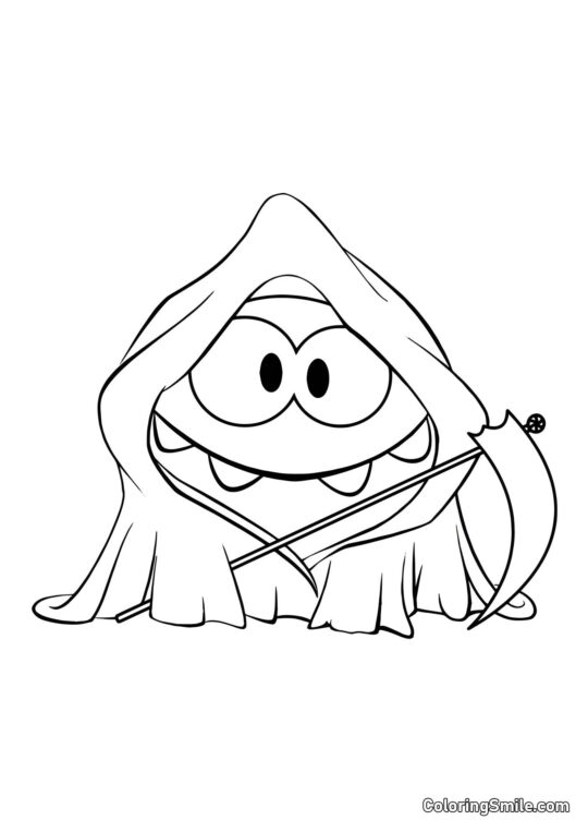 Om Nom con una Guadaña en Halloween Om Nom con una Guadaña en Halloween - Página para Colorear