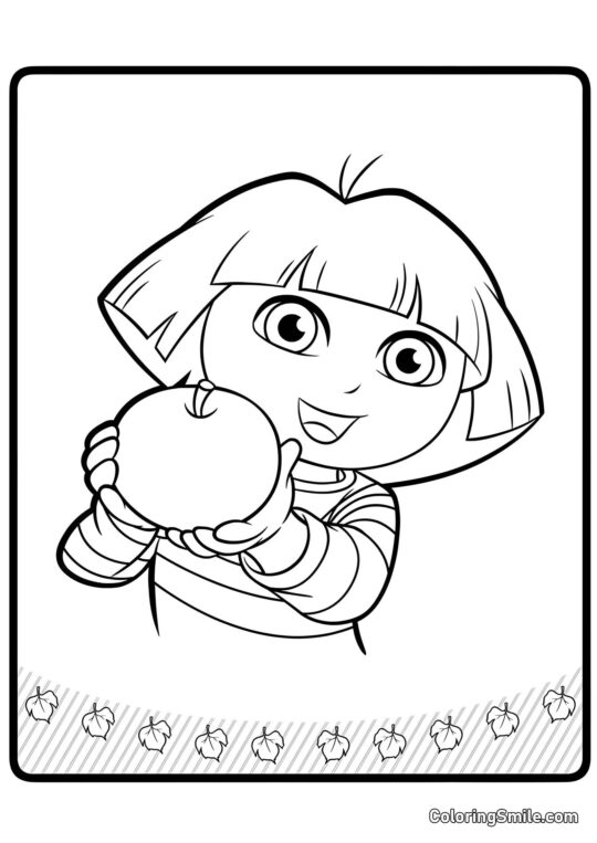 Dora la Exploradora con una manzana - Página para Colorear