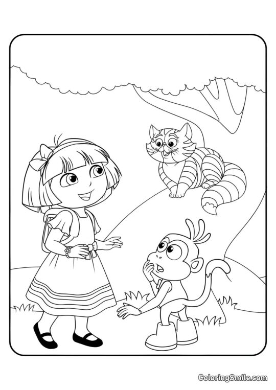 Dora y el Gato de Cheshire - Página para Colorear