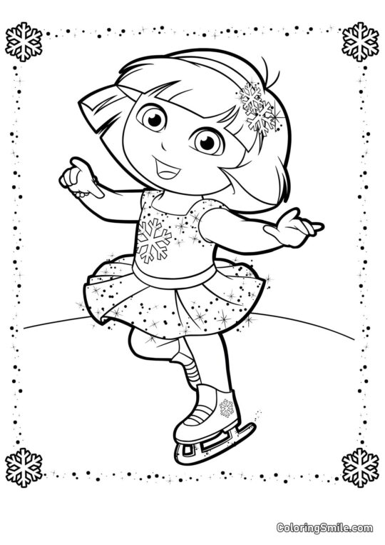 Dora con un vestido de copo de nieve sobre patines - Página para Colorear