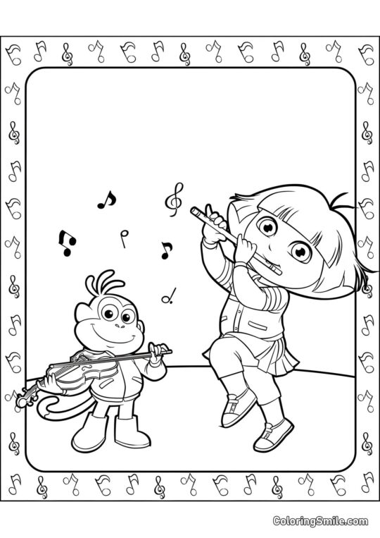 Dora con una flauta, Botas con un violín - Página para Colorear