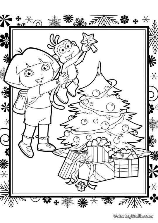 Dora y Botas decoran el árbol de Navidad - Página para Colorear