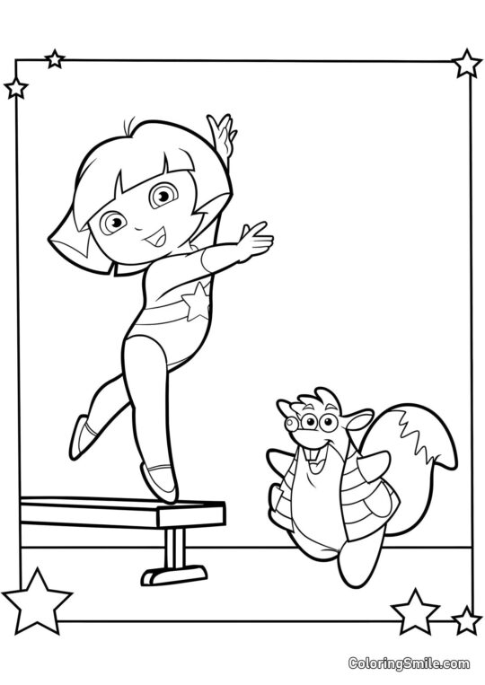 Tico y Dora en gimnasia - Página para Colorear