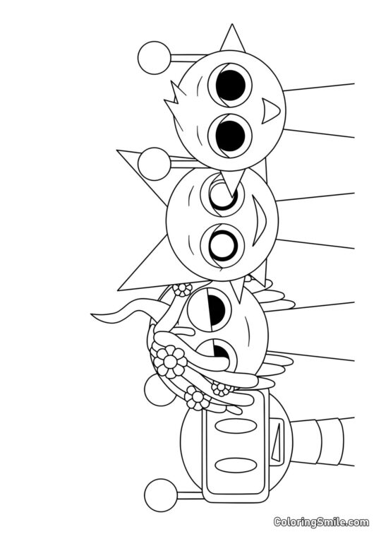 Sprunki Bot Alegre, Vineria, Venda, y Simon - Página para Colorear