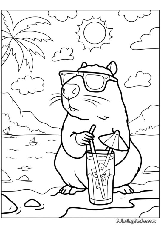 Capibara con Gafas en la Playa Capibara con Gafas en la Playa - Página para Colorear