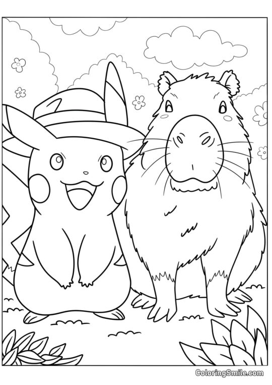 Capibara y Pikachu Capibara y Pikachu - Página para Colorear