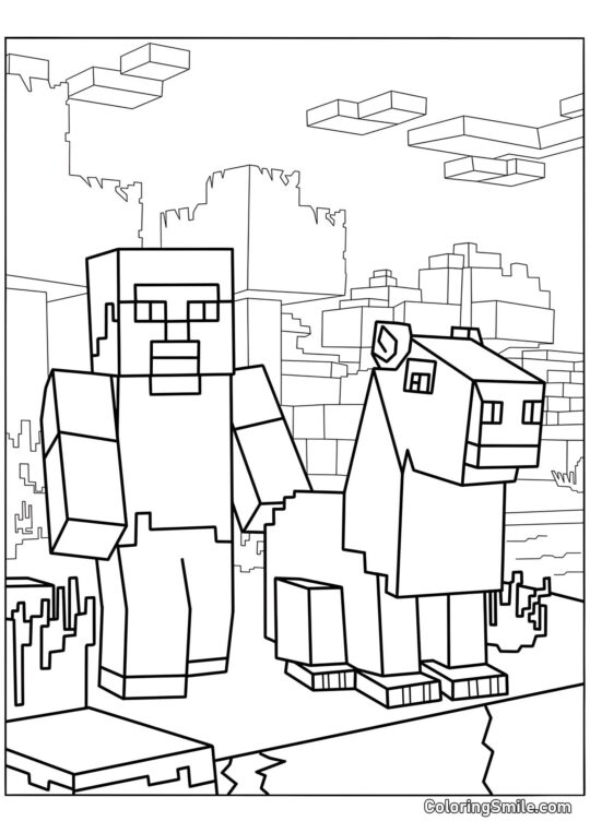 Steve de Minecraft y Capibara Steve de Minecraft y Capibara - Página para Colorear