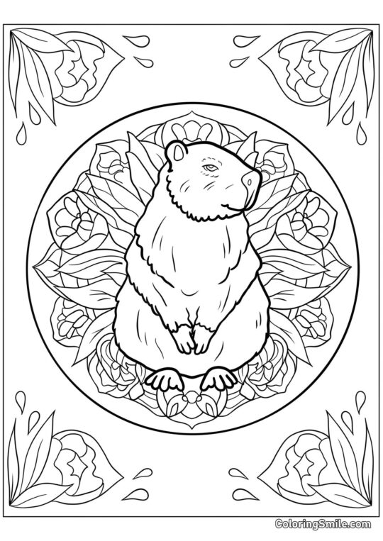 Capibara en un Mandala Floral Capibara en un Mandala Floral - Página para Colorear