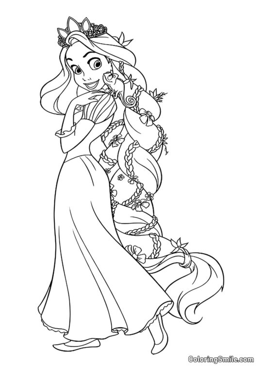 Rapunzel Trenzando su Cabello con Flores Rapunzel Trenzando su Cabello con Flores - Página para Colorear
