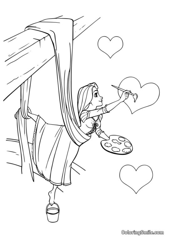 Rapunzel Dibujando Corazones Rapunzel Dibujando Corazones - Página para Colorear