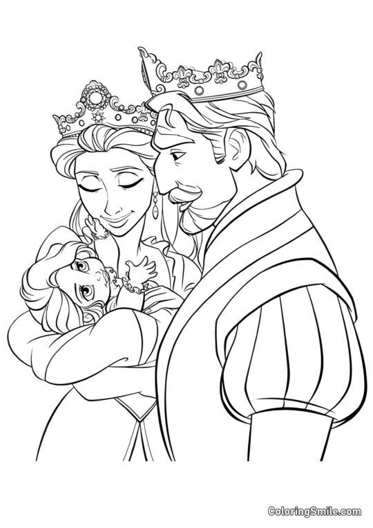 Pequeña Rapunzel en los Brazos de sus Padres Pequeña Rapunzel en los Brazos de sus Padres - Página para Colorear