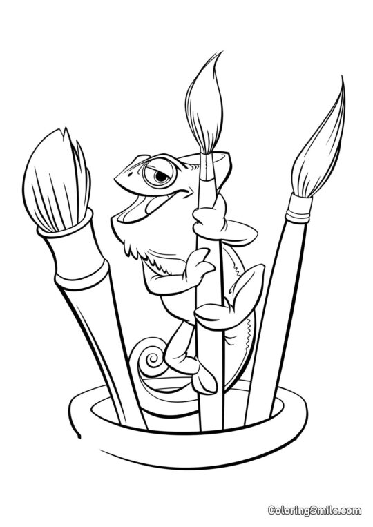 Camaleón Pascal y Pinceles de Acuarela Camaleón Pascal y Pinceles de Acuarela - Página para Colorear