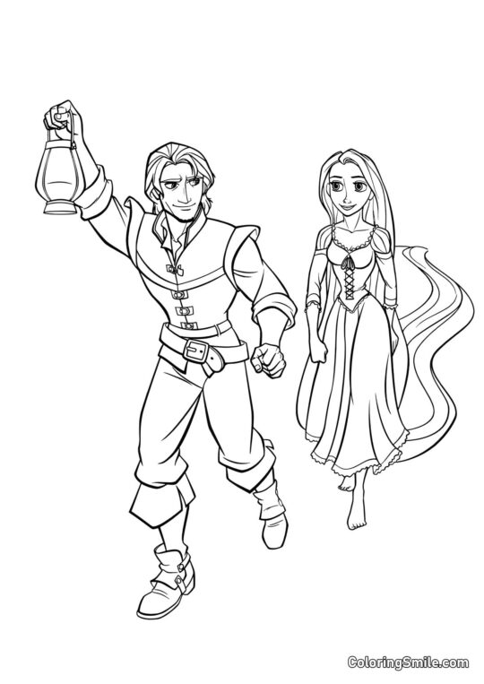 Rapunzel y Flynn en el Camino Rapunzel y Flynn en el Camino - Página para Colorear