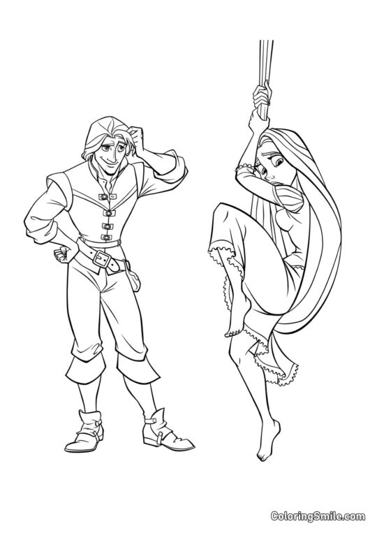 Rapunzel Descendiendo por su Cabello con Flynn Rapunzel Descendiendo por su Cabello con Flynn - Página para Colorear