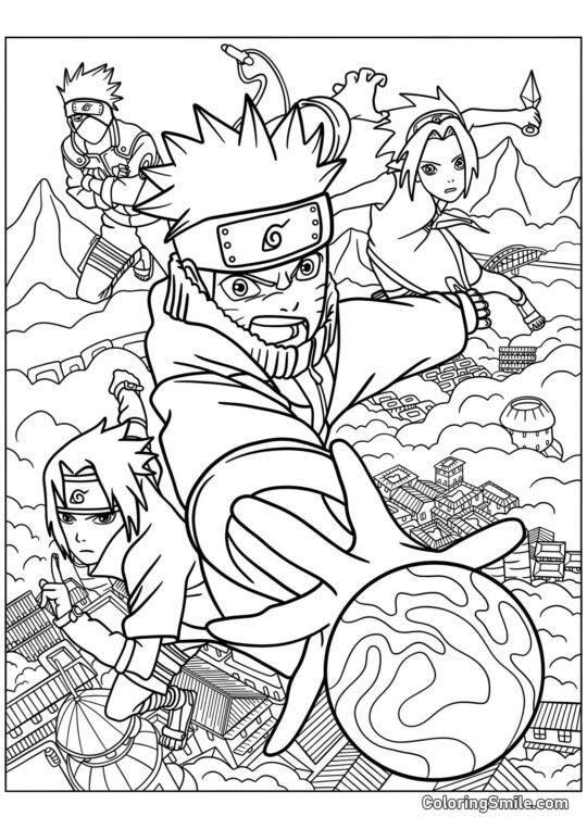 Naruto, Sasuke, Sakura y Kakashi en Batalla - Página para Colorear