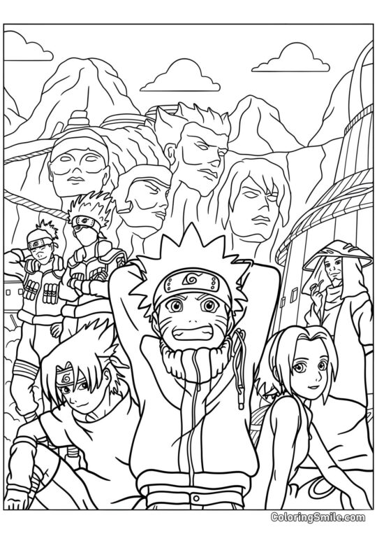 Séptimo Equipo con Kakashi, Iruka y Tercer Hokage - Página para Colorear
