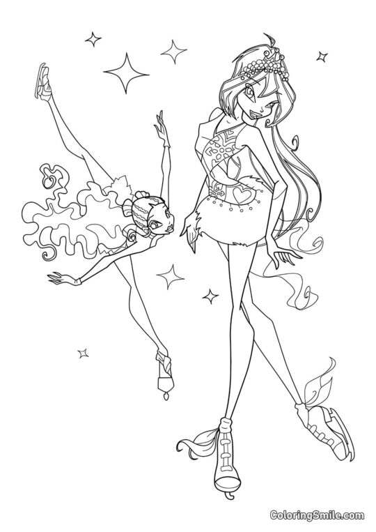 Layla y Bloom sobre Patines Layla y Bloom sobre Patines - Página para Colorear