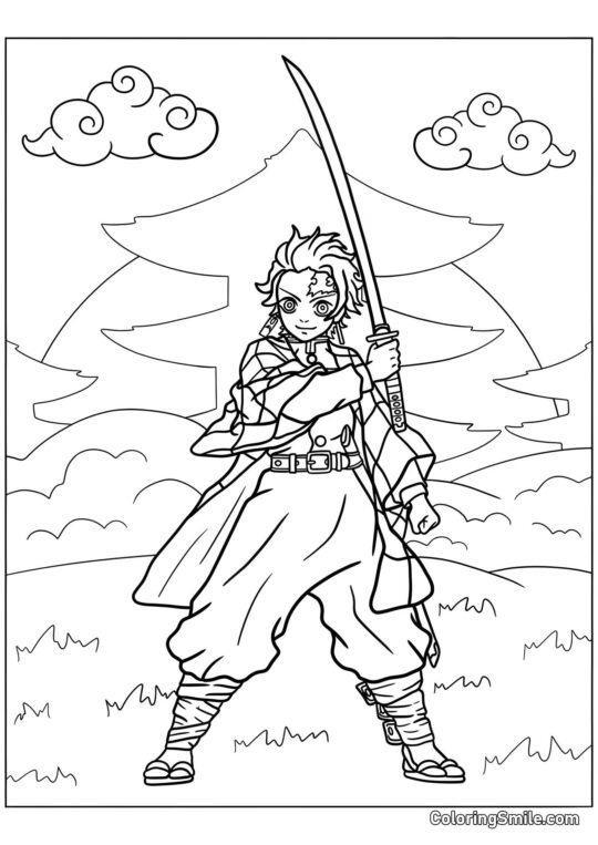 Tanjiro Kamado sonriendo - Página para Colorear