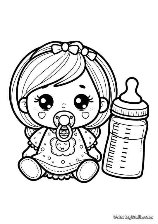 Muñeca con Chupete y Biberón - Página para Colorear