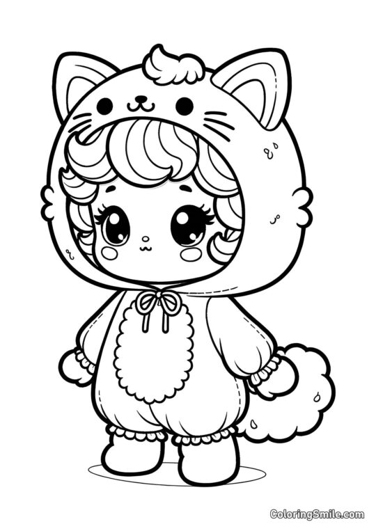 Muñeca en Disfraz de Gato - Página para Colorear