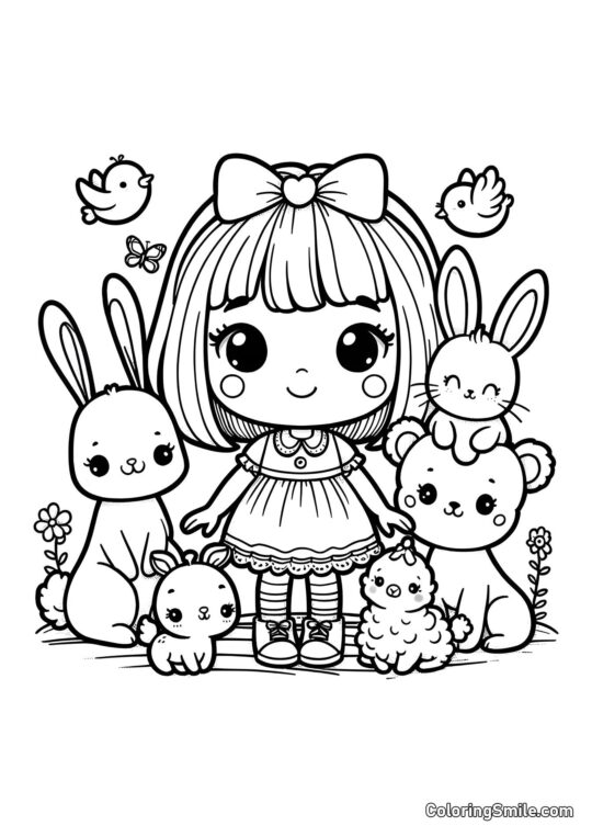 Muñeca con Animales Lindos - Página para Colorear