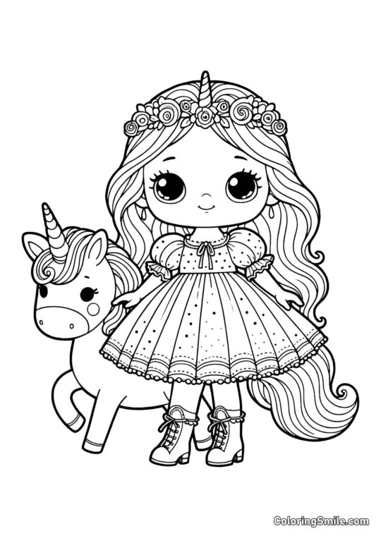 Muñeca con Mascota Unicornio - Página para Colorear