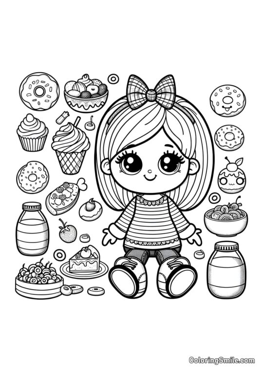 Muñeca con Golosinas - Página para Colorear