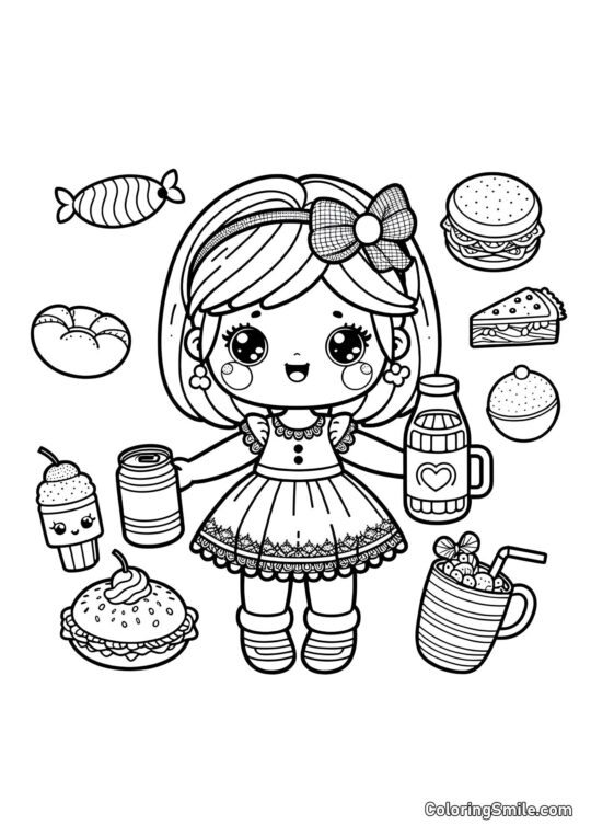Muñeca con Comida - Página para Colorear