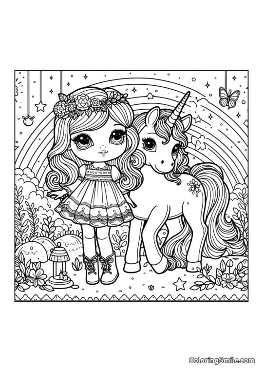 Muñeca con Unicornio - Página para Colorear