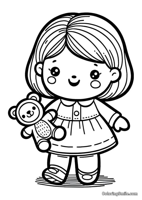 Muñeca con Juguete en Mano - Página para Colorear