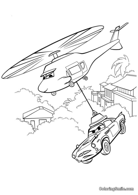 Coche siendo transportado por helicóptero - Página para Colorear