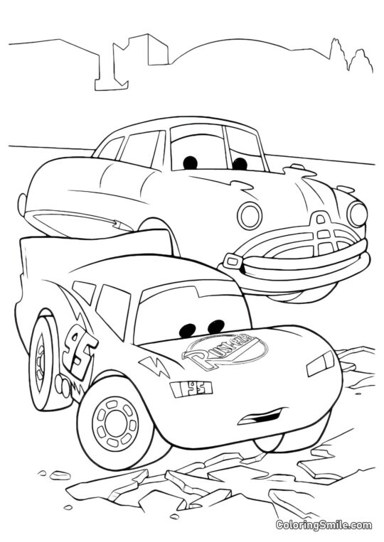 McQueen y Doc Hudson junto a un camino roto - Página para Colorear